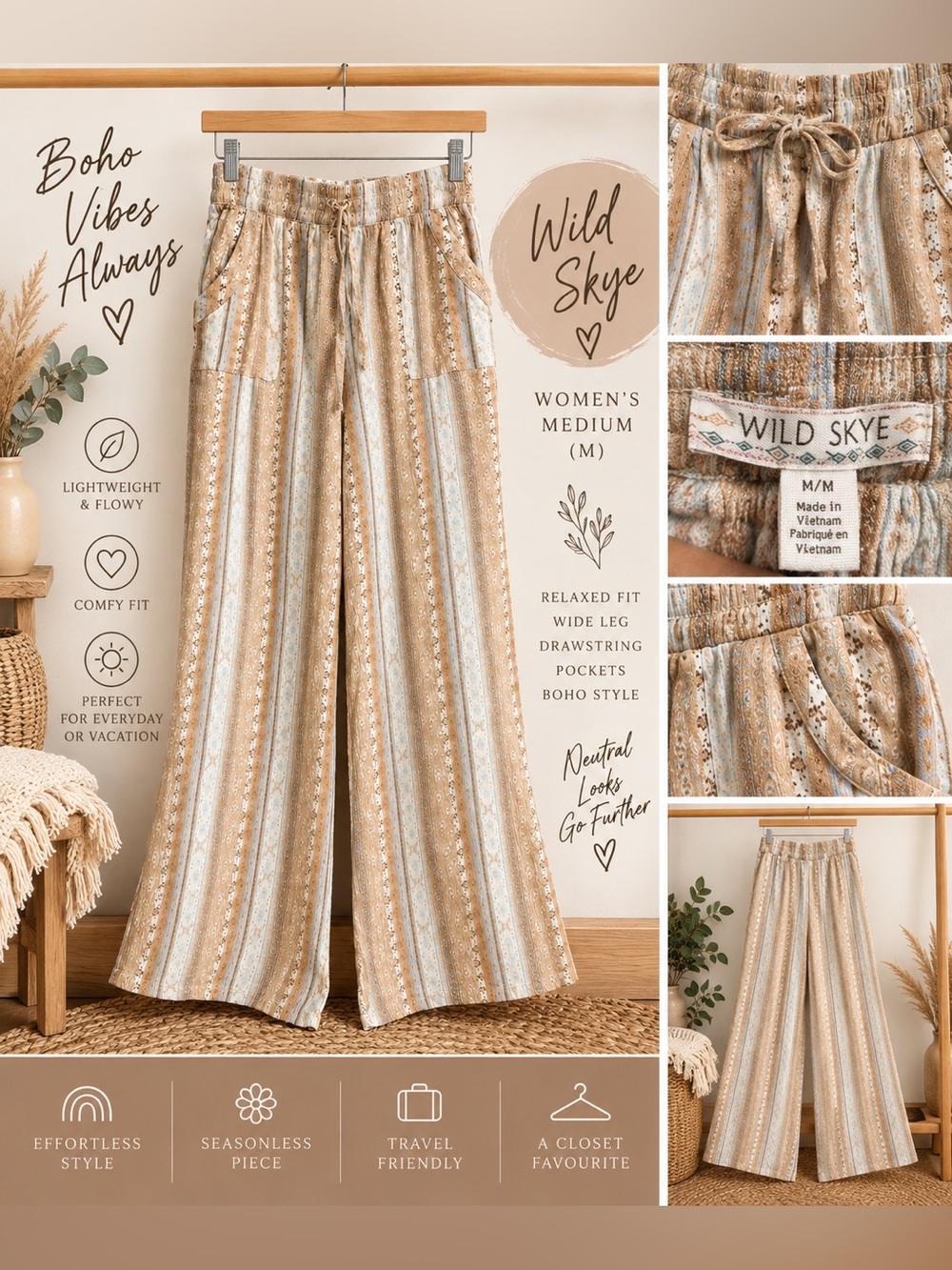 Wild Skye Women’s Medium Boho Wide Leg Pants Neutral Striped Drawstring